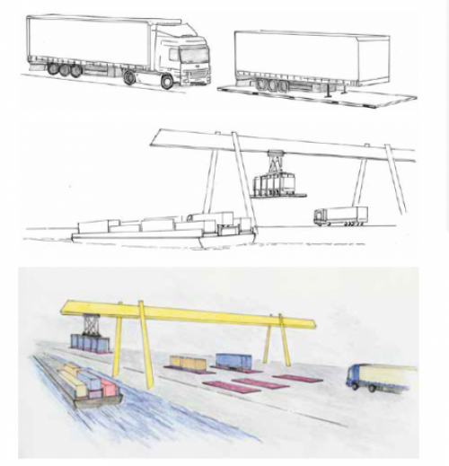 Anhand von zwei Zeichnungen wird die Verladung  von LKWs auf Schiffe mittels eines neuartigen Regalsystems dargestellt.