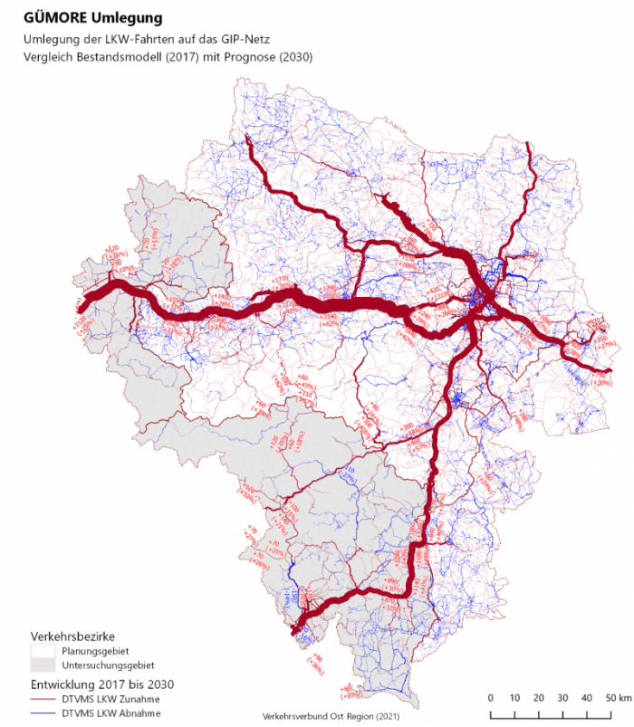 Prognostizierte Veränderung der Verkehrsströme in der Ostregion anhand unterscheidlicher Liniendicke. Besonders die Westautobahn von Wien bis Oberösterreich wird große Zuwächse verzeichnen.